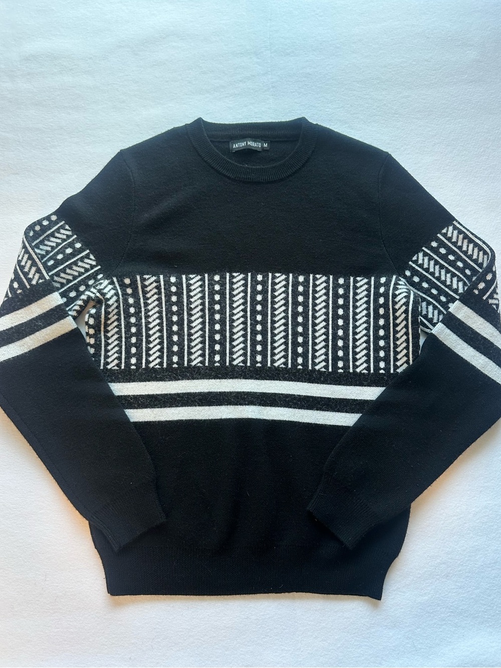 Antony Morato Mens M Black White Striped Geometric Wool Blend Sweater